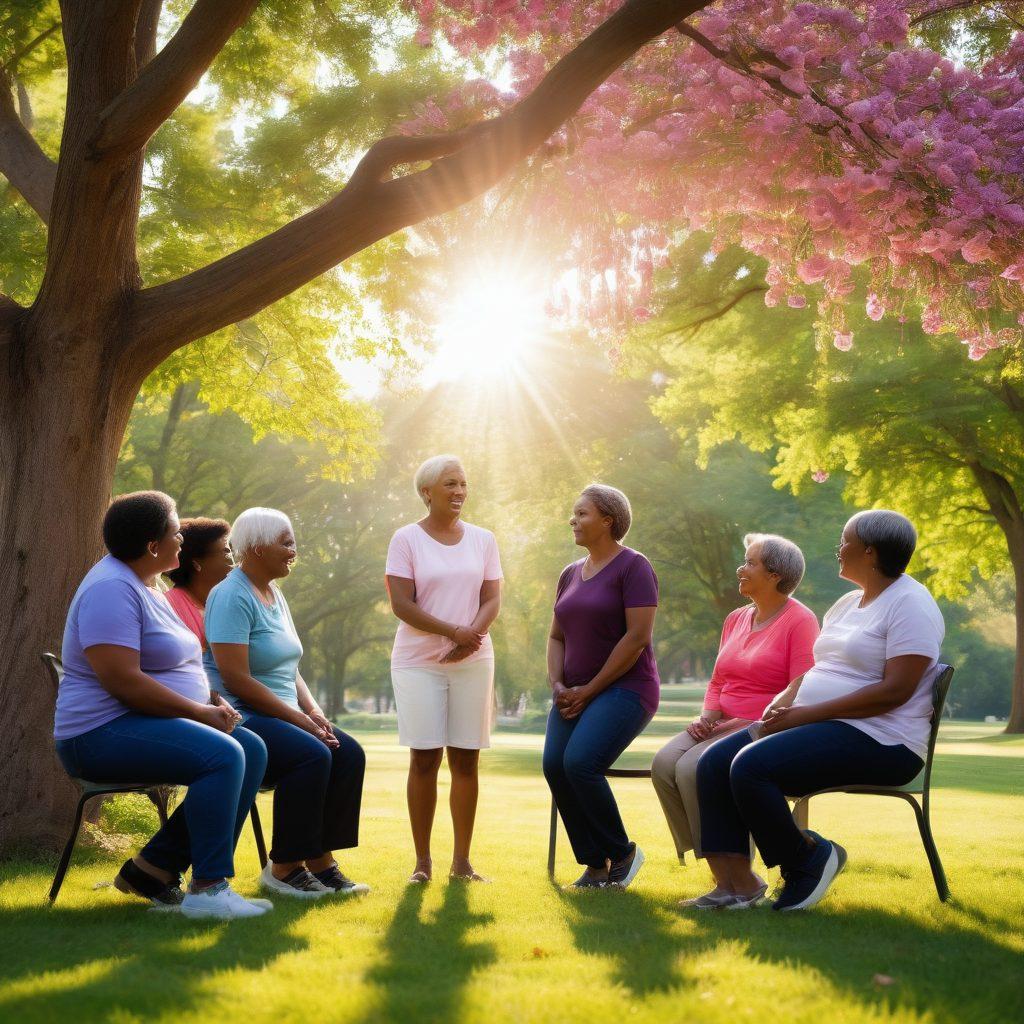 An uplifting scene depicting a diverse group of cancer survivors sharing their stories in a warm, sunlit park. Each individual is engaged in heartfelt conversation, with a spectrum of emotions that reflect hope, resilience, and camaraderie. In the background, symbolic elements like ribbons and flowers represent support and healing, while gentle sunlight filters through the trees, enhancing the atmosphere of unity and strength. soft focus. vibrant colors. natural light.