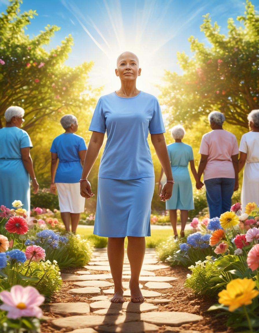 A strong, resilient cancer survivor confidently standing in a sunlit garden, holding hands with diverse support group members. The background features blooming flowers symbolizing hope and healing, and a gentle blue sky to represent wellness. Include subtle visuals of medical advancements like DNA strands and health technology icons. warm colors. super-realistic. inspirational.