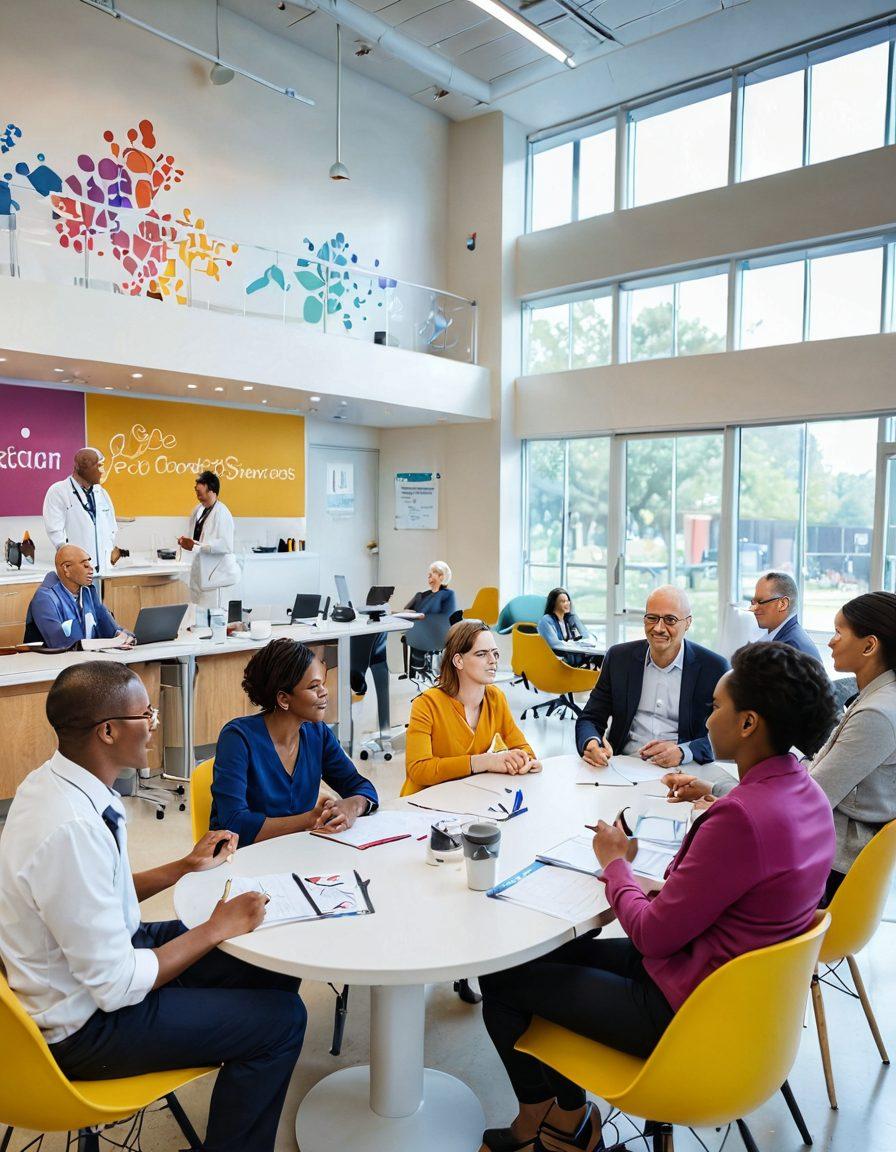 A diverse group of patients and healthcare professionals engaged in a lively discussion in a bright, welcoming community center. In the background, various visual representations of innovative cancer therapies, such as molecular structures and therapeutic devices, are integrated into the space. The atmosphere radiates hope and empowerment, showcasing the strength of community support. Soft, uplifting colors enhance the overall warmth of the scene. super-realistic. vibrant colors. white background.